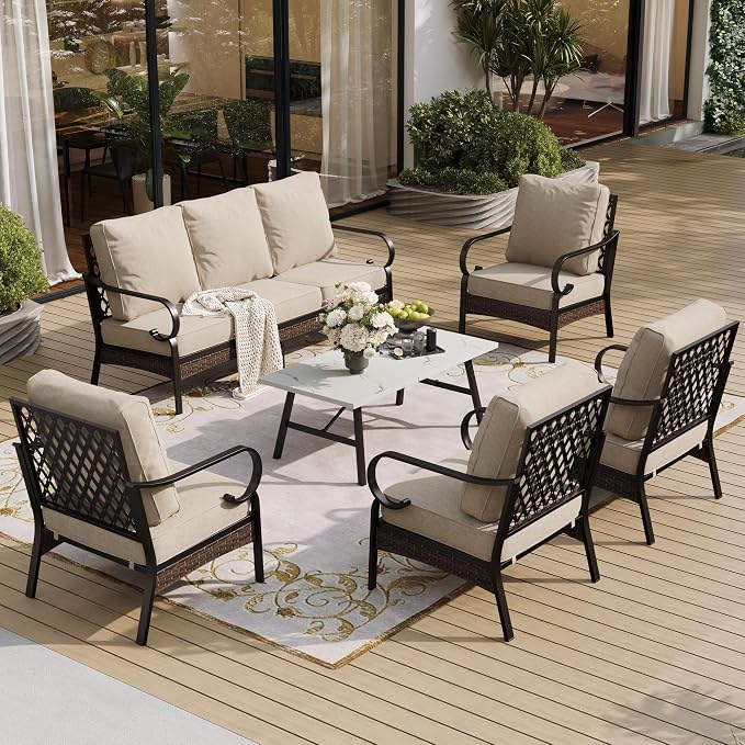 SUNSHINE VALLEY 6 Piece Metal Outdoor Patio Furniture Sets, Patio Conversation Sets 1 3-Seater Sofa, 4 Single Sofa with 5.75" Extra Thick Cushion & Coffee Table, Black Frame Backyard Furniture, Beige