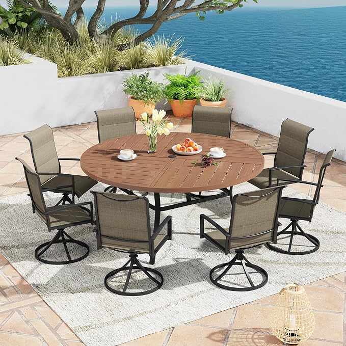 Patio Dining Table for 8-10, Round Metal Outdoor Table with Storage Shelf, 1.57" Umbrella Hole, 63" Outdoor Quartered Tabletop Dining Table for Backyard, Porch, Lawn, Walnut
