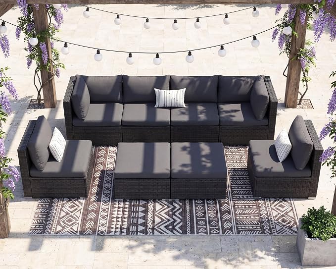 NICESOUL 8 Seater Modern Luxury Outdoor Furniture Set, Extra Large PE Wicker Patio Modular Sectional Sofa with Ottoman, 29.3'' High Back L-Shaped All-Weather Conversations, Deep Seated Grey Color