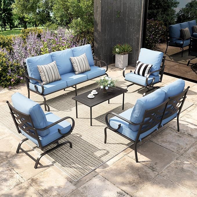 Sophia & William Patio Conversation Set for 7, a Loveseat, 3-Seater Sofa, 2 Rocking Chairs and a Coffee Table, Metal Outdoor Furniture with 5.75" Extra Thick Cushions, Blue