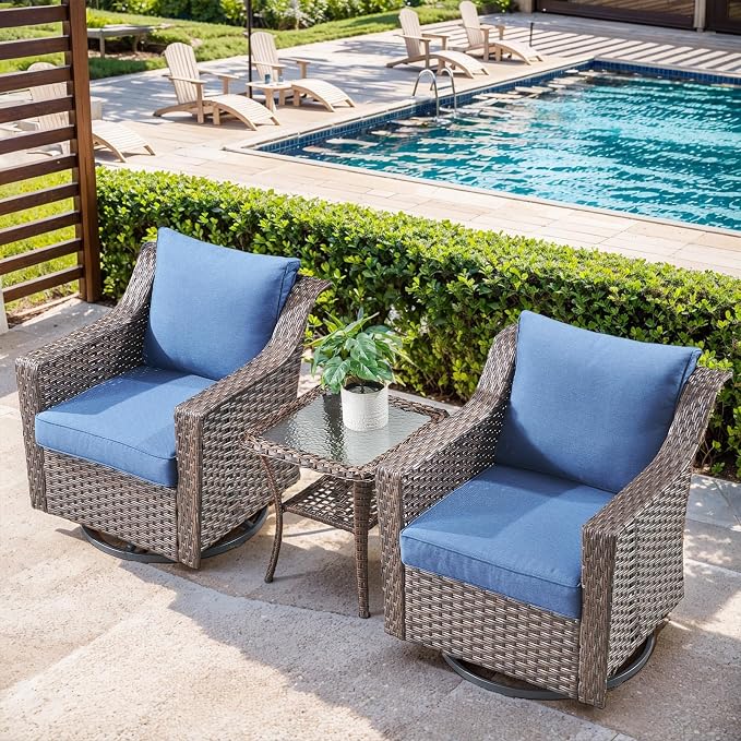 3-Piece Wicker Patio Furniture Set - All-Weather Wicker Swivel Patio Chairs with Side Table for Deck, Balcony, Poolside, Backyard - Brown/Blue