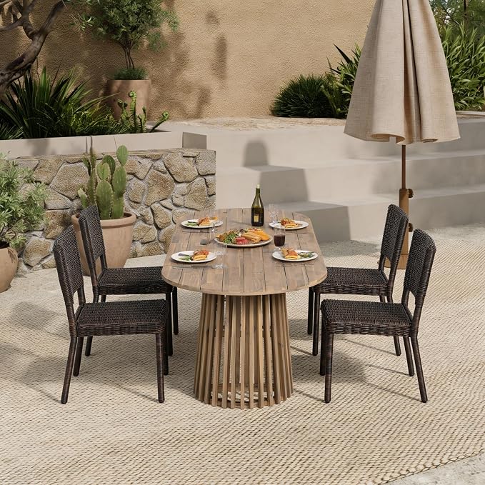 Christopher Knight Home Farley Acacia Wood Outdoor Dining Set for 4, 5 Piece Patio Dining Table and Chair Set, Faux Rattan Outdoor Dining Chair and Table Set, Teak+Light Brown