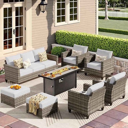 CAODOC 8-Piece Outdoor Wicker Patio Set with 9 Seats, Including 53" Fire Pit - Sectional Sofa and Conversation Set for Backyard or Lawn, Gray Rattan with Waterproof Gray Cushions