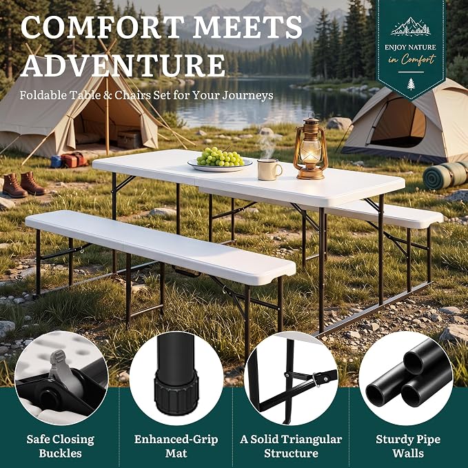 YITAHOME 4.5ft Folding Picnic Table with Benches, Heavy Duty Iron Frame & HDPE Plastic Table Set, Portable Outdoor Folding Table with Center Lock for Backyard, Park, Camping, Beach, White