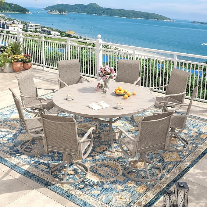 Outdoor Dining Set for 8, 60" Metal Round Outdoor Dining Table with Umbrella Hole and Sling Patio Swivel Chairs, 9 Pieces Patio Table and Chairs Set for Garden Backyard, Sandshell