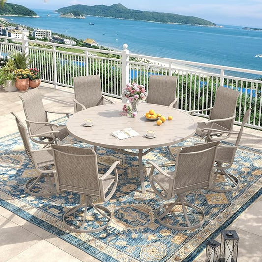 Outdoor Dining Set for 8, 60" Metal Round Outdoor Dining Table with Umbrella Hole and Sling Patio Swivel Chairs, 9 Pieces Patio Table and Chairs Set for Garden Backyard, Sandshell