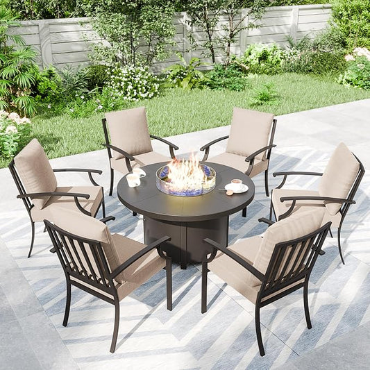 7 Piece Metal Outdoor Patio Furniture Set with 48" Round Propane Fire Pit, Outdoor Dining Table Set with 6 Fixed Chairs and 55000 BTU Outdoor Fire Pit, Sand