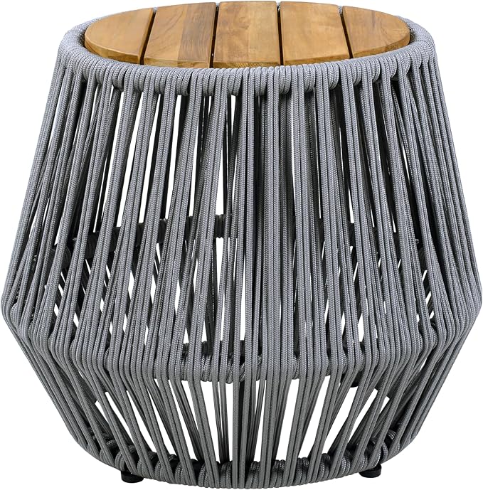 Merax Bohemian Round Outdoor Side Table with Acacia Wood Top and Grey Handwoven Rope Base, Boho Patio Coffee Table for Garden, Pool, Deck, Balcony, Yard