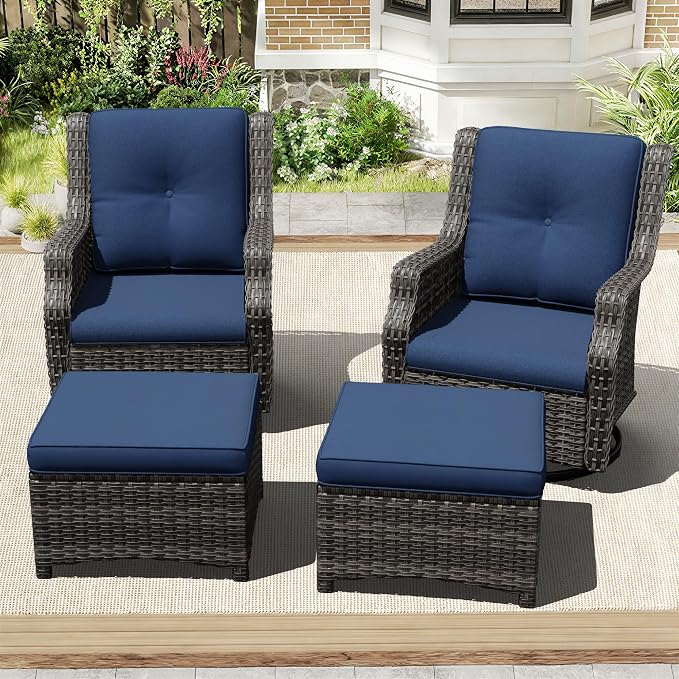 Outdoor Patio Furniture Set, 4 Piece Wicker Patio Furniture with Thick Cushions, Curved Armrest, Deep Seating, Outdoor Swivel Rocker Chairs for Porch, Deck, Balcony