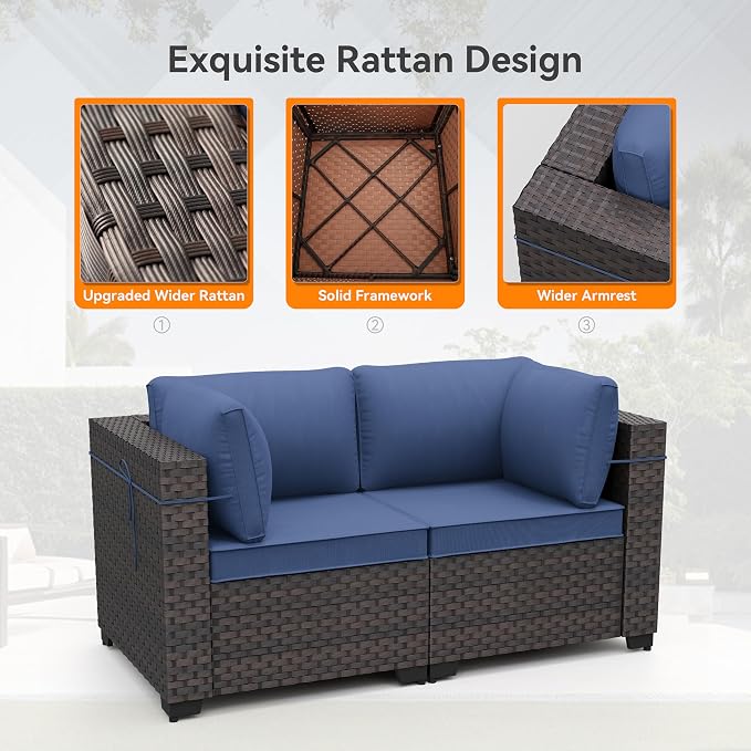 Patio Furniture Set 10 Pieces Wide PE Rattan Sofa Set Outdoor Sectional Furniture,Patio Swivel Chair Sofa Set Patio Conversation Set w/Cushions and Glass Coffee Table,NavyBlue