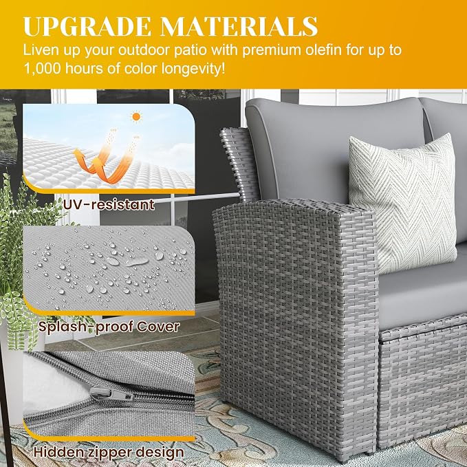 FansaFurn 4-Piece Outdoor Patio Furniture Set, All Weather Wicker Rattan Sectional Sofa Conversation Seating Set with Cushions & Large Glass Coffee Table, Ideal for Garden Backyard Porch, Grey