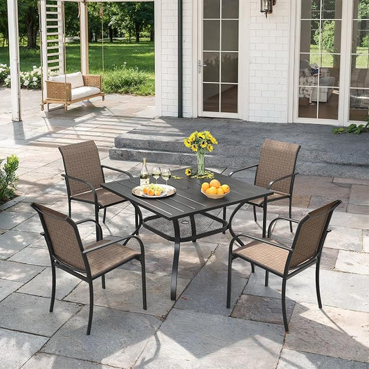 VICLLAX 5 Pieces Patio Outdoor Dining Set, 38" Square Metal Dining Table with Umbrella Hole and 4 Stackable Textilene Chairs for Lawn, Garden, Porch, Black/Brown