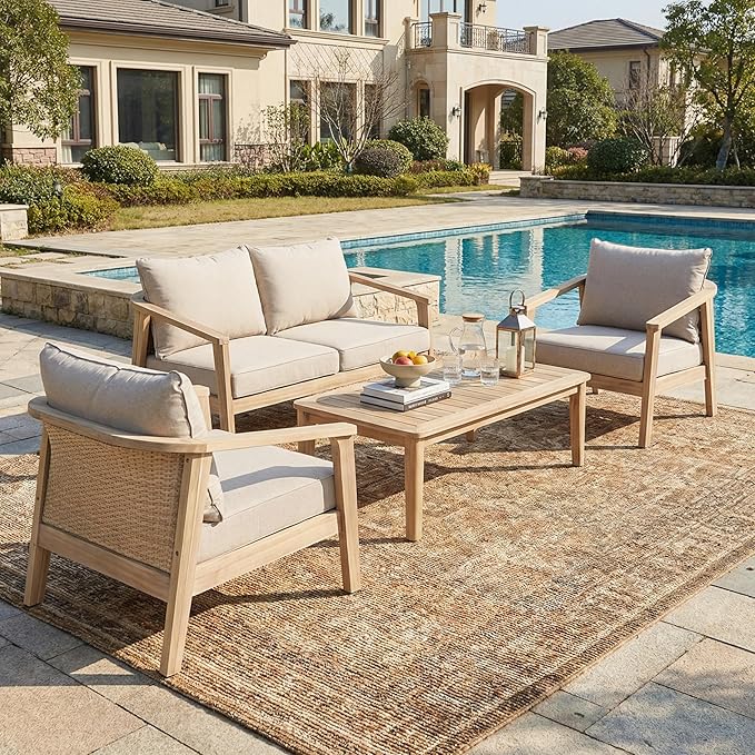 Merax 4 Piece Outdoor Wood and Wicker Chat Set, Light White Finish with Beige Cushion