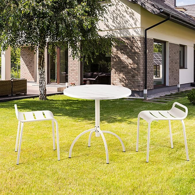 LOKKHAN 27.5" Premium Steel Patio Dining Table, Round, 27.5" x 27.5" x 29.5", White, Indoor-Outdoor