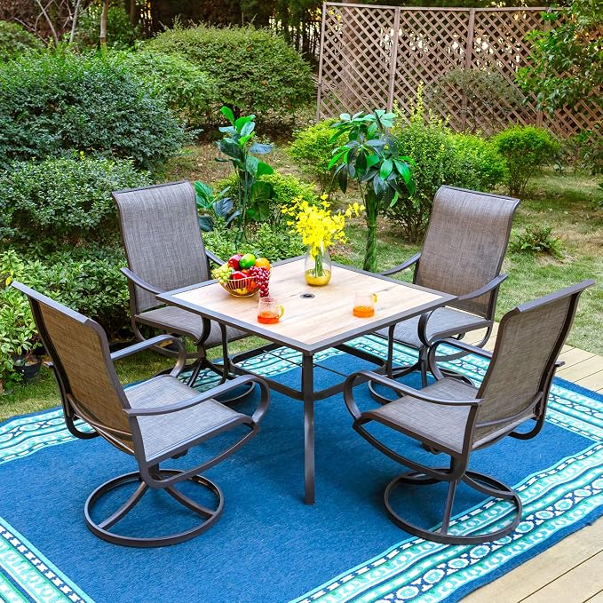 PHI VILLA Patio Dining Table for Outside, 37" x 37" Square Outdoor Dining Table for 4, Premium PVC Table Top with 1.57" Umbrella Hole and Metal Frame