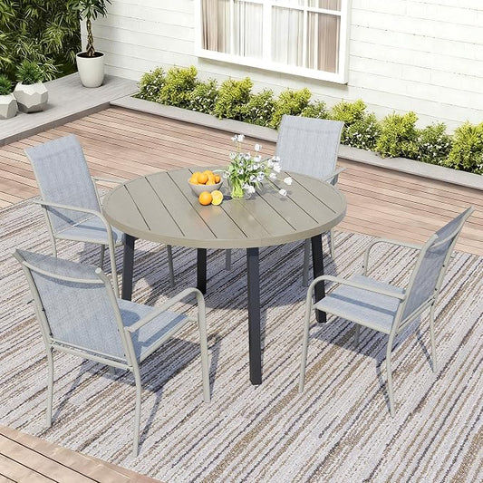 5 Piece Patio Dining Set for 4, 42” Honey Oak Round Table with Umbrella Hole and 4 Beige Blue Patio Stackable Chairs, Patio Table and Chairs for Backyard, Lawn, Deck & Garden
