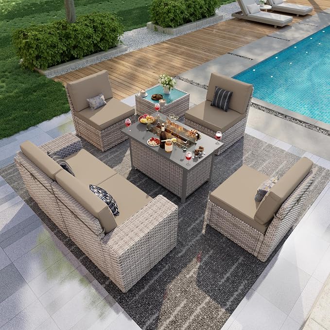7 Pieces Patio Furniture Set, Outdoor Modular Sectional Couch Conversation Set with Wide Armrests, Wicker Seating Group Sofa with Coffee Table and Fire Pit for Backyard Deck (Khaki Cushions)