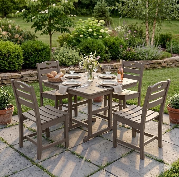 5-Pcs Outdoor Patio Dining Table Set of 5, Outdoor Patio Square 37.8'' Dining Table Set for Lawn Garden Backyard, HDPE Material & 1.7'' Umbrella Hole (Armless Chair, Antique Brown)