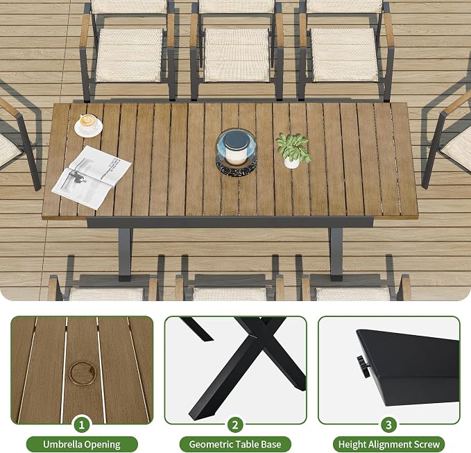 Outdoor Dining Set, 9 Piece Expandable Dining Table and Patio Swivel Chairs Set, Aluminum Patio Furniture Set for Table with Umbrella Hole and 8 Chairs for Patio, Garden, Lawn, Deck(Black)