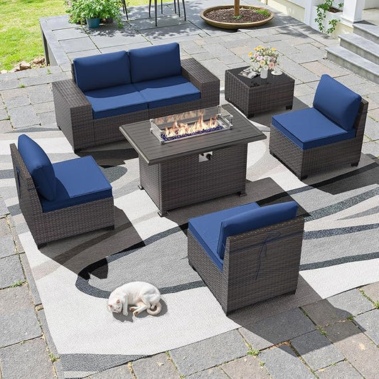 7 PCS Outdoor Patio Furniture Set,Outdoor Sectional Furniture with 43" 55000 BTU Gas Propane Fire Pit Table,All Weather PE Rattan Wicker Patio Conversation Set,Navy Blue