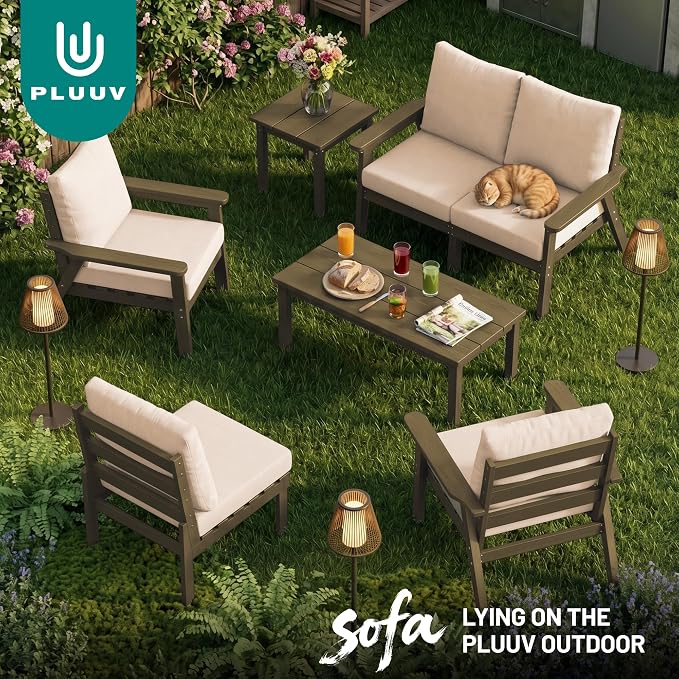 PLUUV 4-Piece HDPE Patio Sofa Set, All-Weather Outdoor Sectional Furniture with Thick Cushions, Modular Couch Set for Deck, Lawn, Brown Frame with Khaki Cushion