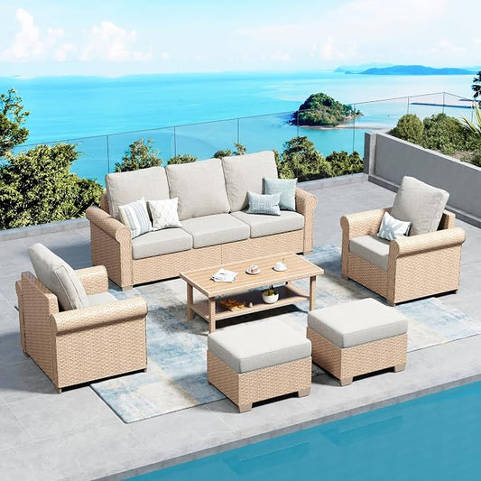 Patio Furniture Set 6 pcs, Wicker Rattan Sofa with 5.5” Thick Waterproof Cushions, 2 Chairs, 2 Ottomans and Coffee Table, All Weather Outdoor Conversation Set for Backyard Deck, 7 Seats Beige