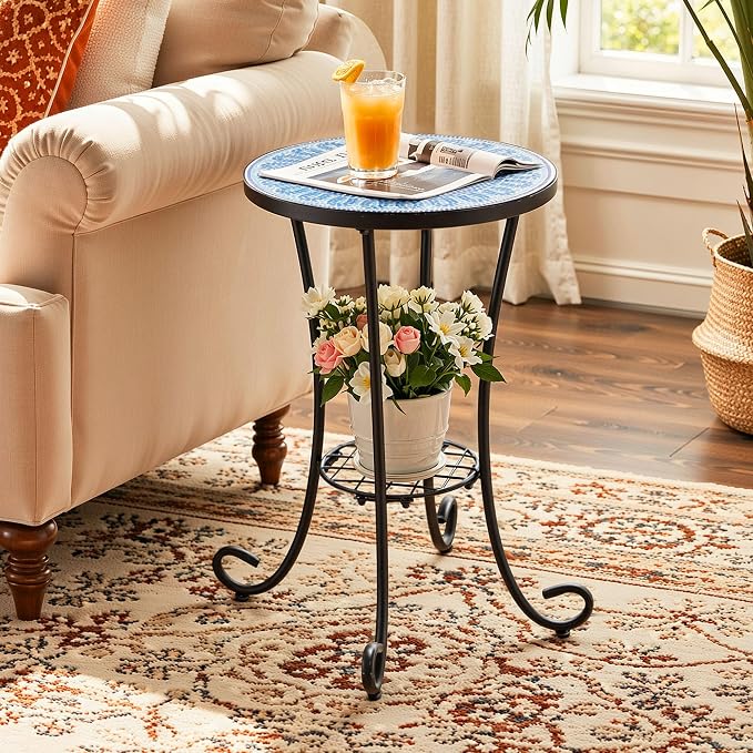 Side Table Outdoor, Mosaic Patio Table with Planter Stand, 22" H Iron Coffee End Table,Weather Resistant Tile Top Metal Drink Bar Table for Indoor Garden Balcony Yard Bistro Balcony