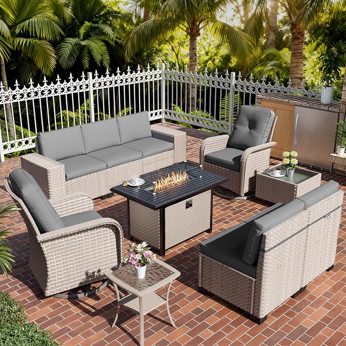 10 Pieces Patio Furniture Set with Fire Pit Table, Outdoor Sectional Wicker Sofa with Thick Cushions, High Back Swivel Rocker Patio Chairs, Rattan Conversation Set with Coffee Table, Grey
