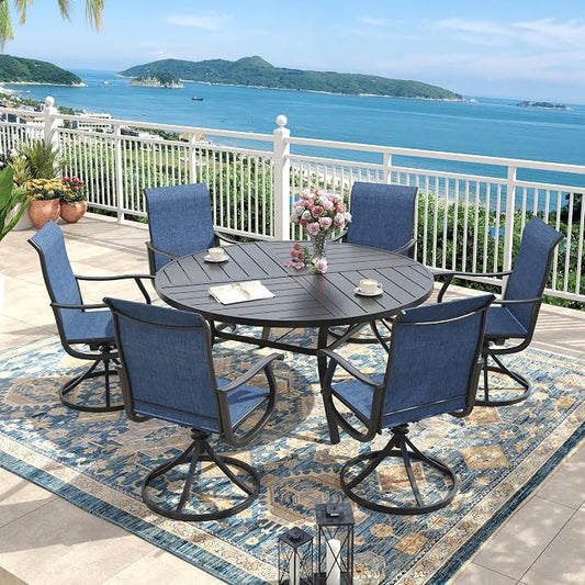 Outdoor Dining Set for 6, 50.1" Metal Round Outdoor Dining Table with Umbrella Hole and Sling Patio Swivel Chairs, 7 Pieces Patio Table and Chairs Set for Garden Backyard, Dark Blue and Black