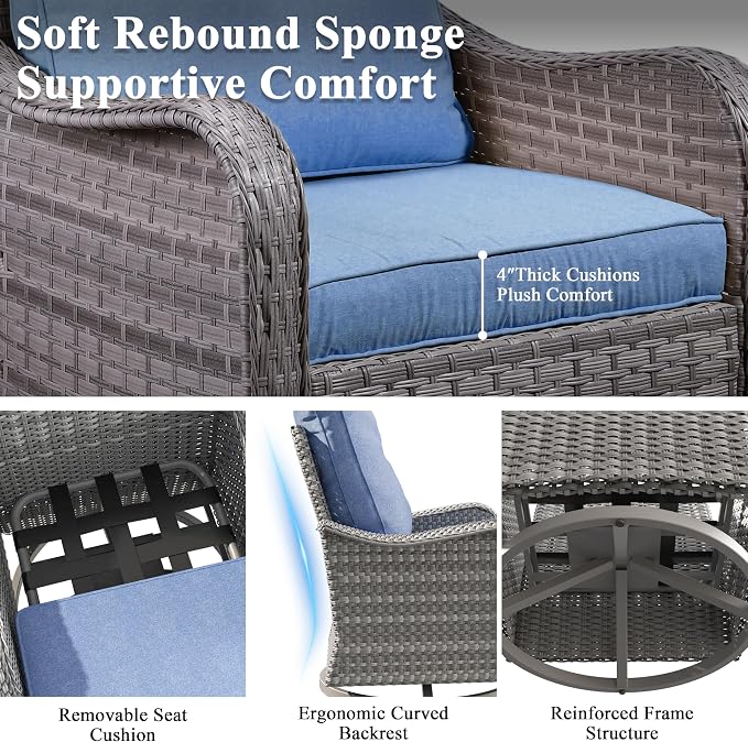 13 Piece Wicker Patio Furniture Set with 55,000 BTU Fire Pit Table, Swivel Rocking Chairs, 4''Cushions, PE Rattan, Wind Guard Glass, for Backyard, Deck or Balcony, Navy