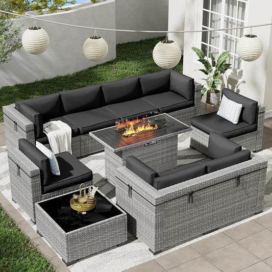 Patio Furniture Set with 44'' Propane Gas Firepit Table, 10 PCS Modular Outdoor Sectional Conversation Sets, All-Weather Wicker Patio Set for Backyard, Black (Waterproof Covers Included)