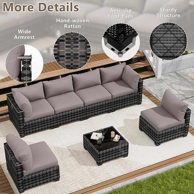 LOUVIXA 7 Piece Outdoor Patio Furniture Set, Outdoor Sectional Sofa, Wicker Rattan Patio Furniture, Patio Conversation Set with Coffee Table & Cushions