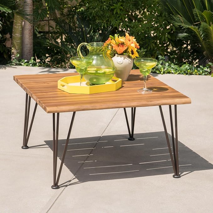 roomfitters Outdoor Wooden Coffee Table with Slatted Top and Iron Hairpin Legs, Patio Accent Table for Garden, Natural