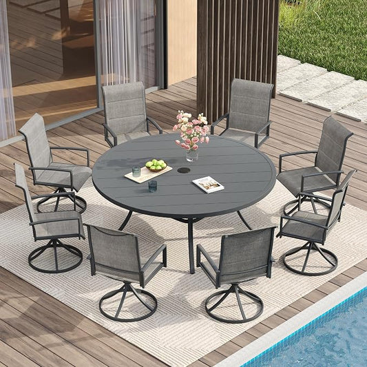 VICLLAX 9 Pieces Patio Dining Set for 8-Outdoor Furniture Includes 60" Round Outdoor Table and Swivel Padded Chairs, Grey Tabletop and Fabric