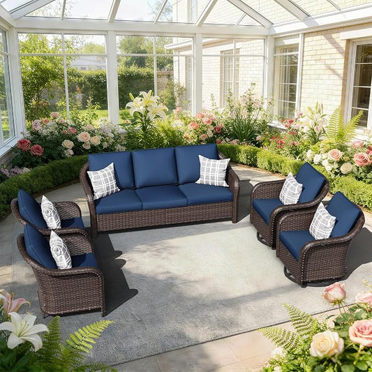 5 PCS Outdoor Conversation Set | 78" Couch, 2 Chairs, 2 Swivel Chairs, Patio Wicker Conversation Furniture with Removable Cushions for Bistro, Deck, Sunroom (Navy Blue)