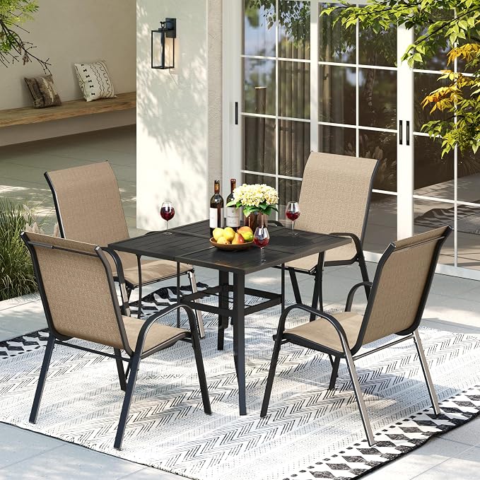 Amopatio 5 Pieces Outdoor Dining Set for 4, Patio Table and Chairs, 4 All Weather Stackable Patio Chairs, 36" Patio Spliced Square Table with Umbrella Hole, for Deck, Backyard, Garden,Brown