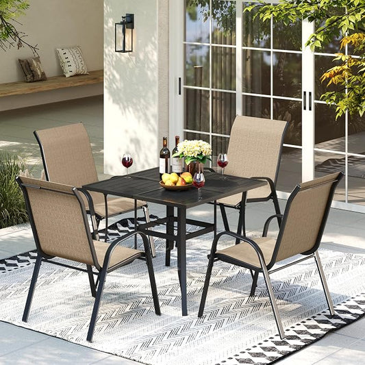 Amopatio 5 Pieces Outdoor Dining Set for 4, Patio Table and Chairs, 4 All Weather Stackable Patio Chairs, 36" Patio Spliced Square Table with Umbrella Hole, for Deck, Backyard, Garden,Brown