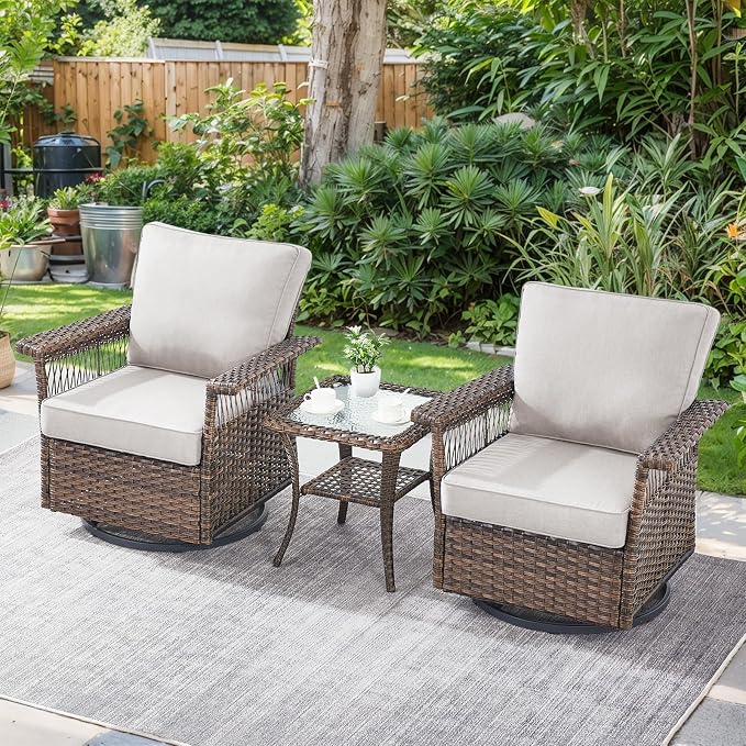 Patio Furniture Set 2 Wicker Patio Chairs with PE Rattan Side Table Set Brown Wicker Beige Cushions Patio Conversation Set 3pcs for Garden Balcony Sunroom Backyard Deck Porch