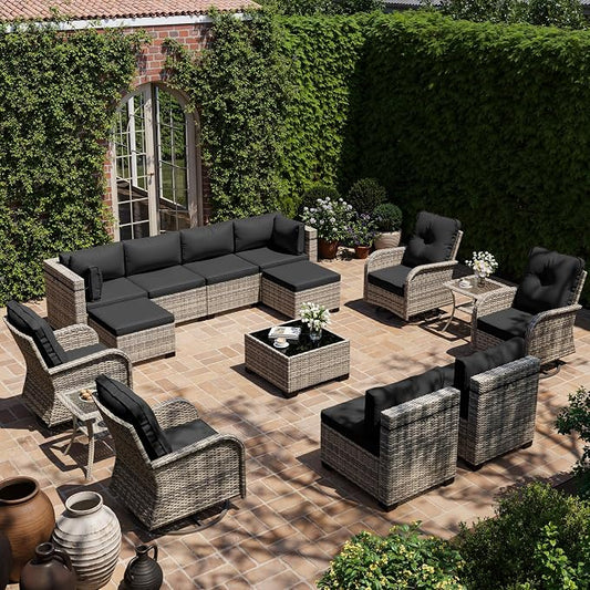 15-Piece Outdoor Patio Furniture Set with Rocking Swivel Chair, Wicker Rattan Sectional Sofa Conversation Set with Tempered Glass Table with Ottomans, Backyard Furniture, Dark Grey