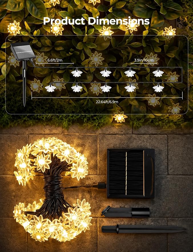 Brightown 50 LED Flower Solar String Lights Outdoor Waterproof, Warm White | Solar Christmas Lights with 8 Modes, Fairy Lights for Garden Fence Yard Lawn Tree Wedding Party