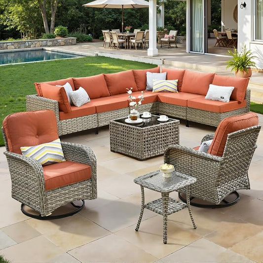 10 Piece Outdoor Patio Furniture with Swivel Rocking Chair, Rattan Wicker Conversation Set with Glowing Coffee Table, Sectional Single Chairs for Porch Balcony Backyard Pool,Orange