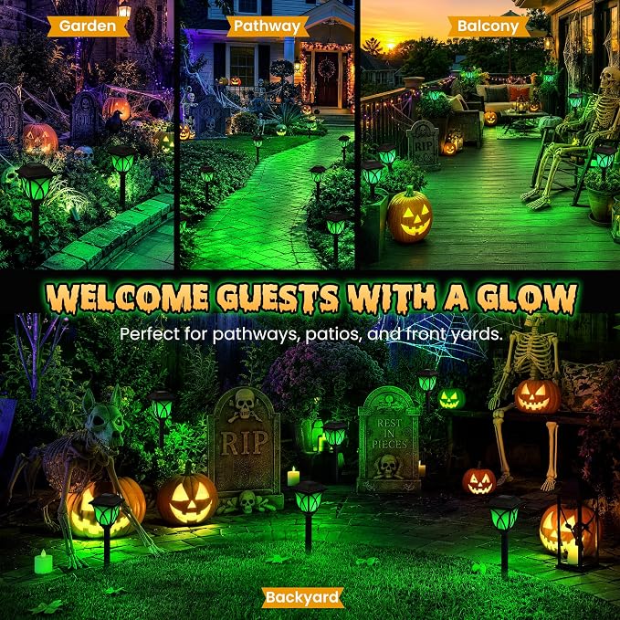 GIGALUMI Solar Halloween Lights Outdoor, LED Solar Pathway Lights 8 Pack | Garden Light Outdoor Decorations, Garden Decor for Yard, Patio, Landscape, Planter, Walkway (Green)