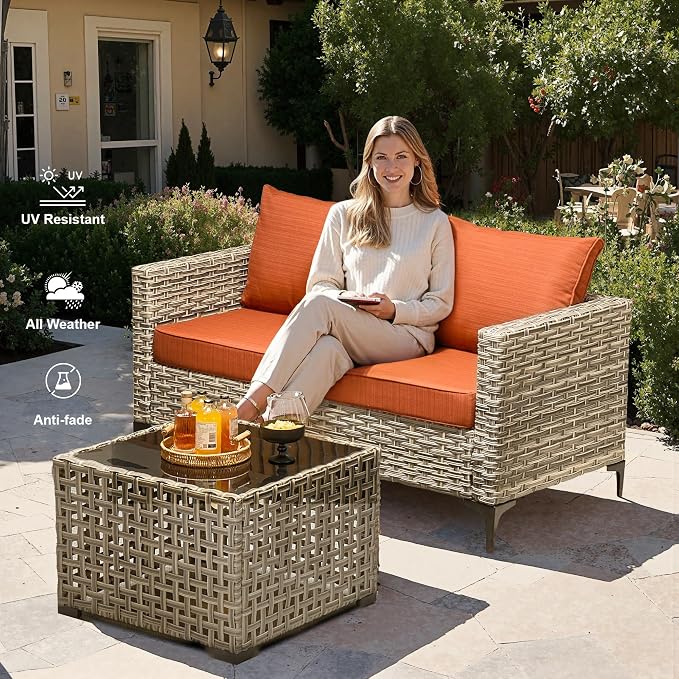 Outdoor Patio Furniture Sets,9 PCS Patio Conversation Set Outside Rattan Sectional Sofa with 42 in Square Fire Pit Table Wicker Rocking Chair Coffee Table Fit Backyard Garden Poolside Balcony