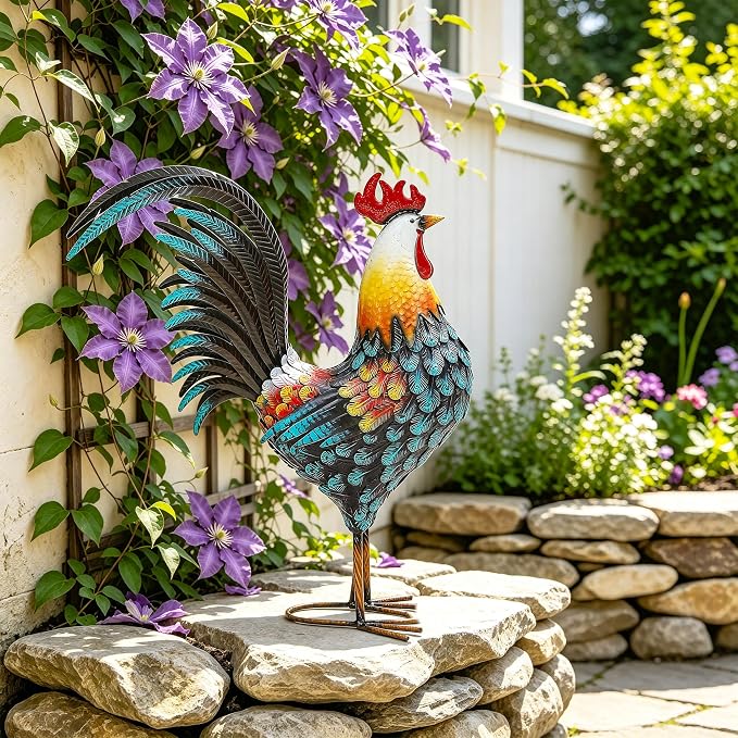32" Majestic Metal Rooster Yard Decor, Large Outdoor Garden Statue | Outdoor Chicken Sculpture, 3D Hand-Painted, Rustic Farmhouse Style, Weather-Resistant Iron, Backyard Patio Lawn Garden