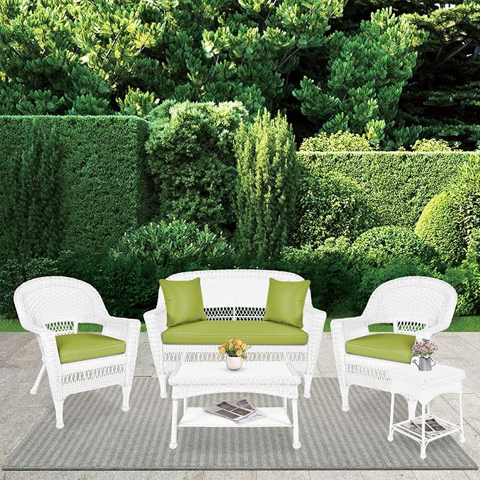 Jeco 5 Piece Resin Wicker Patio Conversation Set in White with Green Cushions