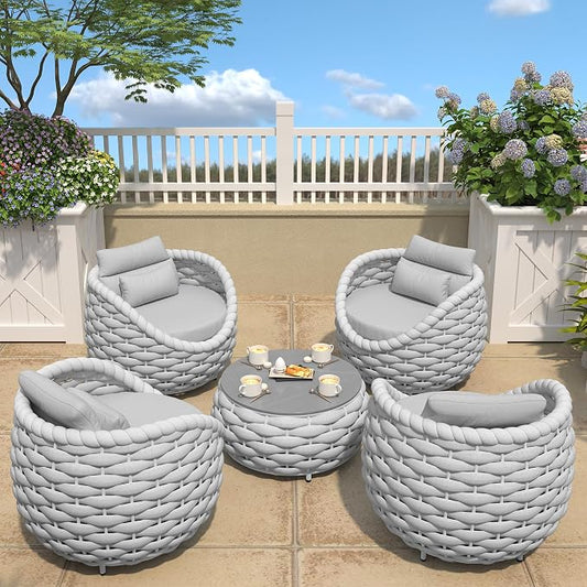 TWT 3 Piece Patio Furniture Set, Gray Woven Rope Conversation Set with Washable Cushions (Textilene Light Grey Rope w/Light Grey Cushion, 5pcs 4 Armchair+Table)