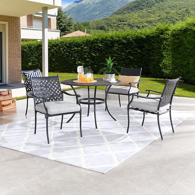 LOKATSE HOME 5-Piece Outdoor Patio Metal Dining Set with Iron Armrest Cushioned Chairs and Steel Round Table with Umbrella Hole, Grey Dining Set