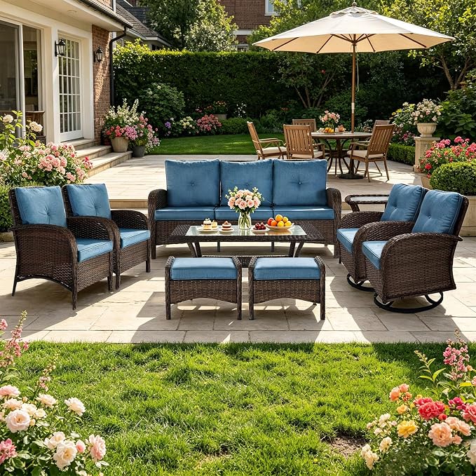 All Weather Patio Furniture Set, High Back Swivel Rocker Glider Chairs，Ottomans & Glass Tables, Outdoor Conversation Set for Deck Porch Yard Poolside (Blue, 9PCS-Swivel Chairs&Chairs&Sofa&Tables)