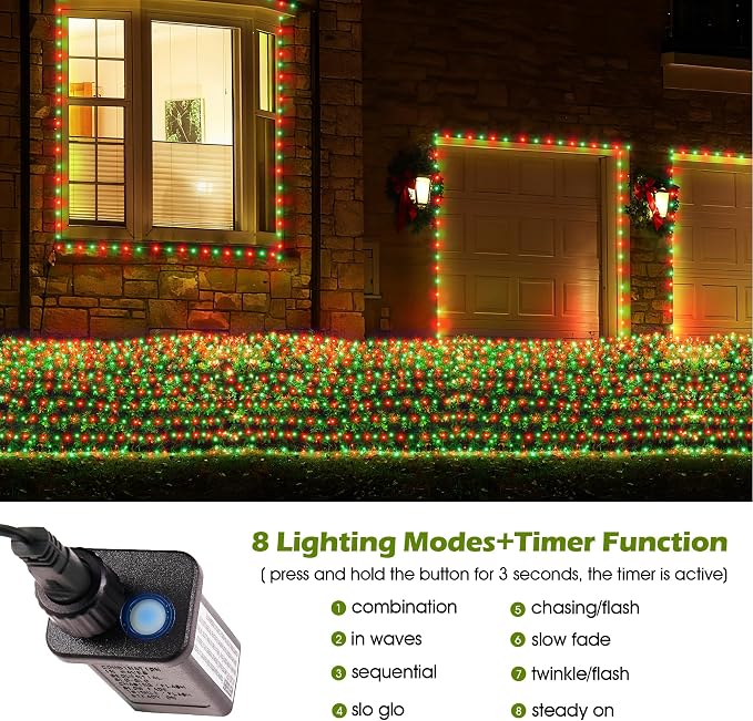 BlcTec Outdoor Christmas Lights 360 LED 9.8ft x 6.6ft Christmas Net Lights with 8 Modes, UL Certified, Timer, Connectable, Waterproof for Bushes, Shrubs, Yard Outdoor Xmas Decorations, Red Green