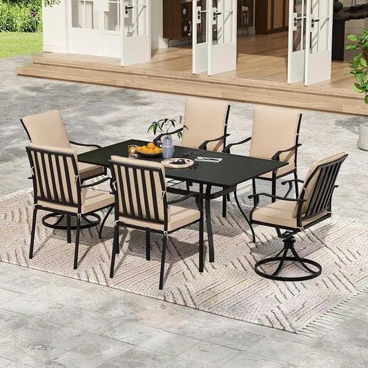 7 Piece Outdoor Patio Dining Set, 62’’ Rectangular Metal Dining Table & 4pcs Metal Dining Chairs & 2pcs Swivel Rocking Chairs , Outdoor Furniture Dining Set for Patio, Balcony, Lawn, Garden, Backyard